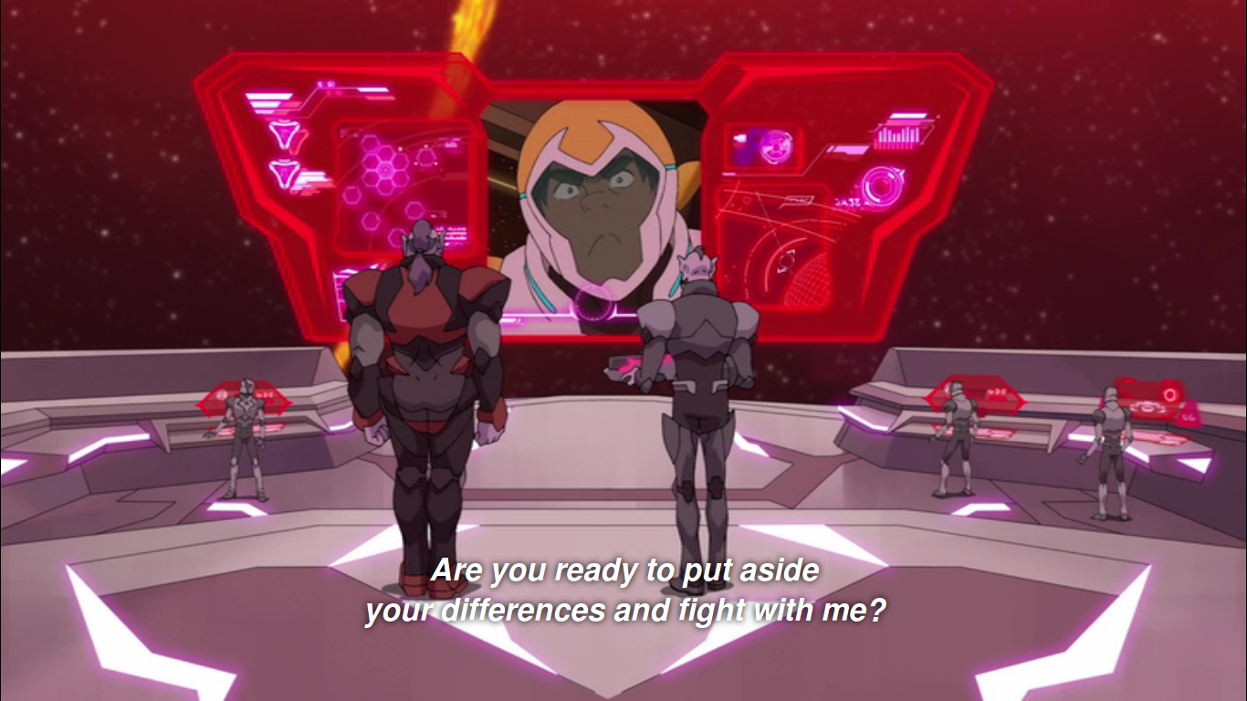 In Omega Shield, Hunk appears on the bases' holoscreen as he tells Bogh and Lahn: "Are you ready to put aside your differences and fight with me?"
