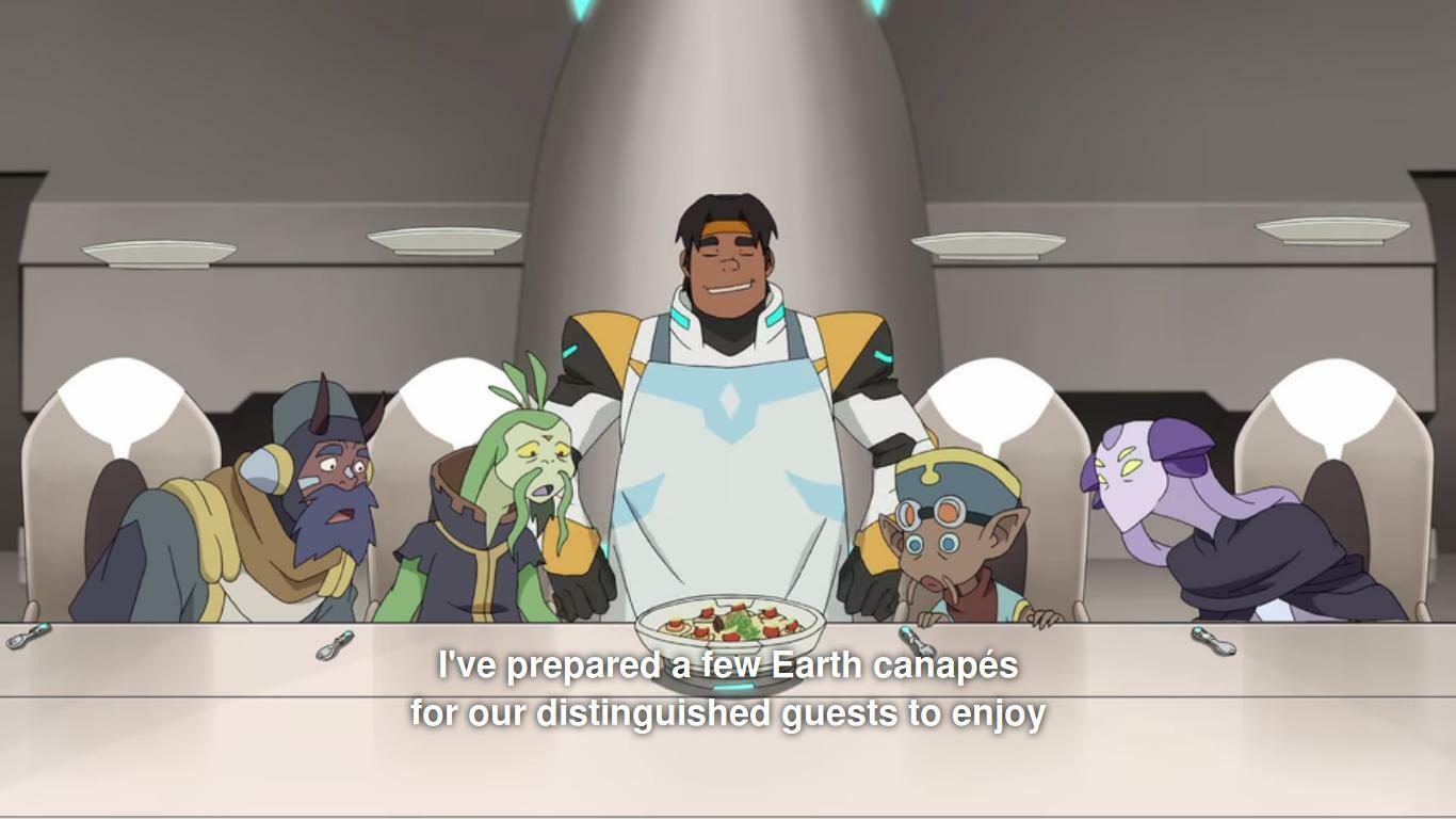 Hunk, to group of diplomats from various planets, in "Changing of the guard": "Welcome, everyone, welcome! I've prepared a few Earth canapes for our distinguished guests to enjoy while we talk galactic diplomacy. "