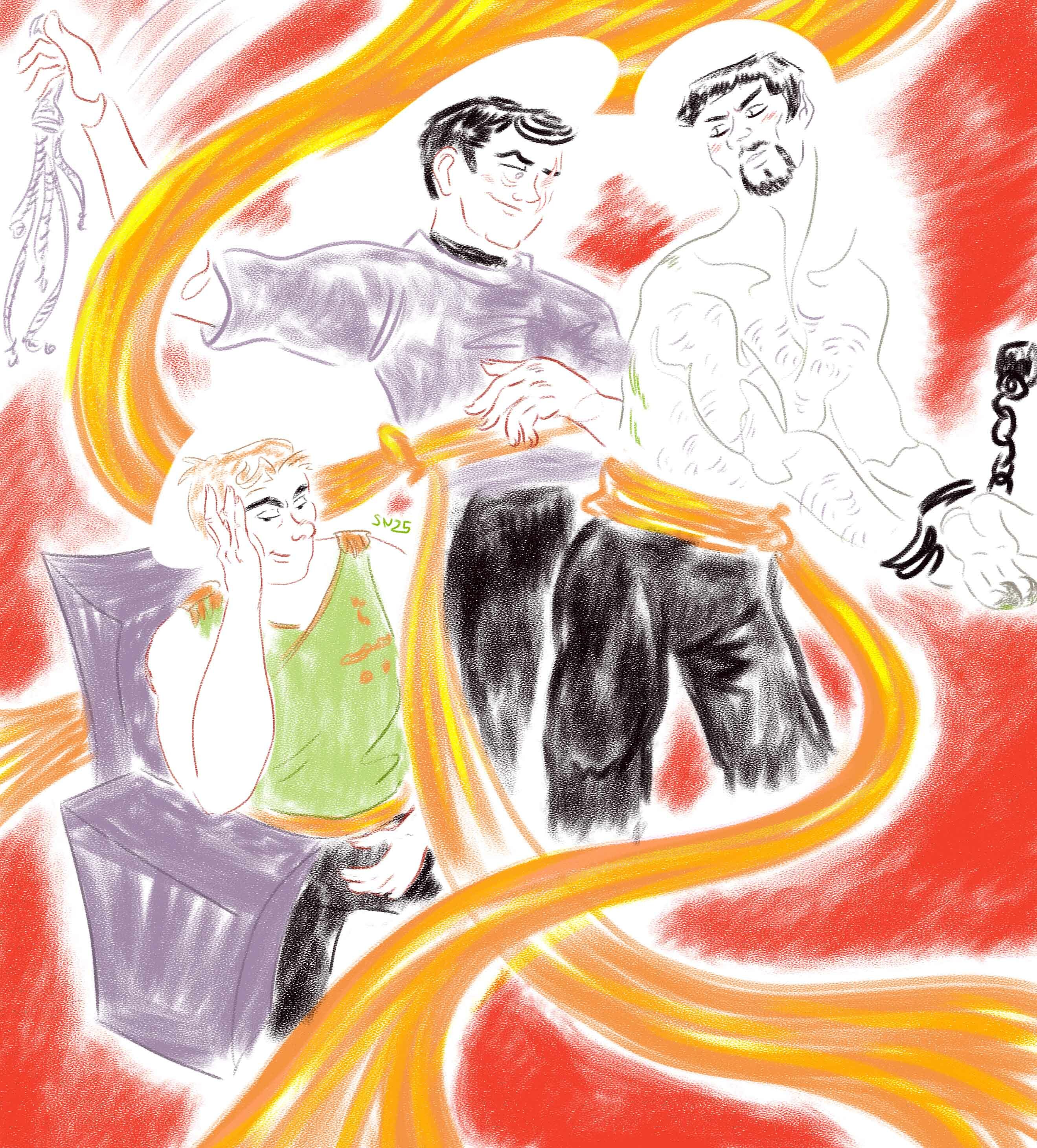 Digital drawing on a white and red background of mirror Jim sat on the captain chair looking smug. Mirror Bones is flogging mirror Spock, chained by the wrists, with a cat, a smile on his face. Spock's torso is naked, showing green signs of the flogging on his back, he's blushing, mouth slightly open. The scenes are separated by the flow of their sashes, white halos behind their heads.