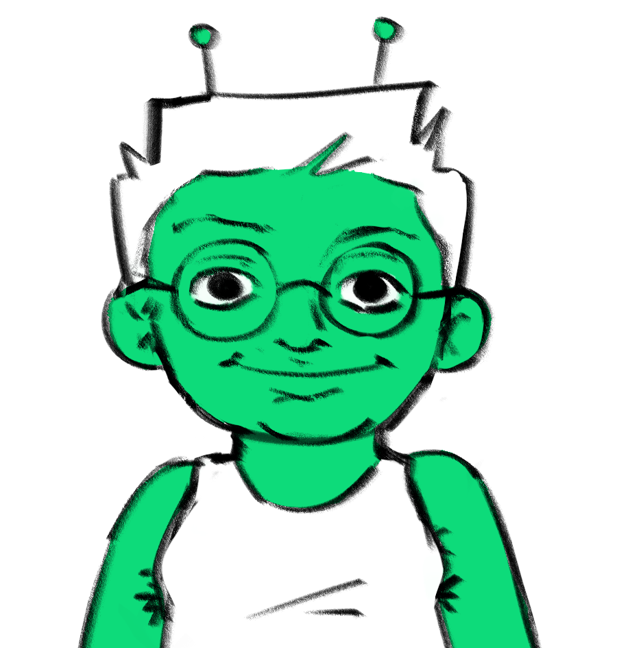 a drawing of semirealistic woman with short white hair, round glasses and green skin, looking striaght at you with a slight closed smile
