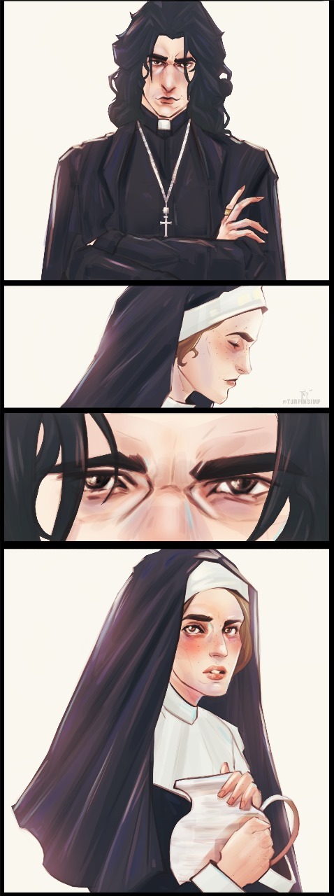 Comic panels showing Father Severus and Sister Hermione gazing at one another.