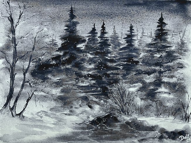 Painting of snowy landscape.
