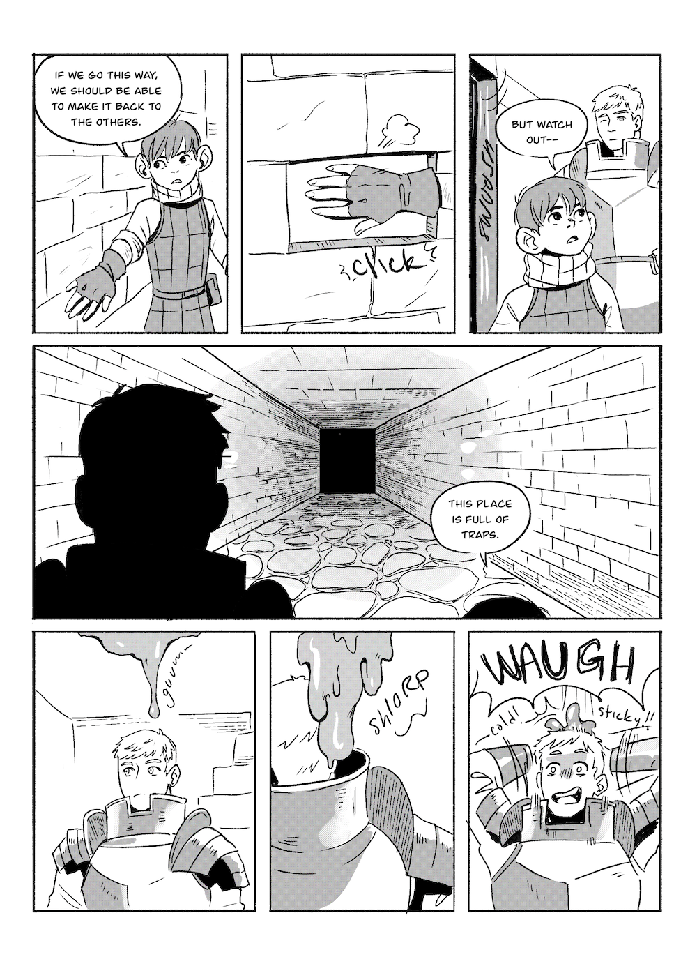 a page of a western-style comic (read left to right) showing Chilchuck and Laios from Dungeon Meshi opening a secret passage and entering a long corridor full of traps. "If we go this way, we should be able to make it back to the others. But watch out-- this place is full of traps." over Laios' head, a slime goos down and shlorps into the back of his gorget, making him yelp.