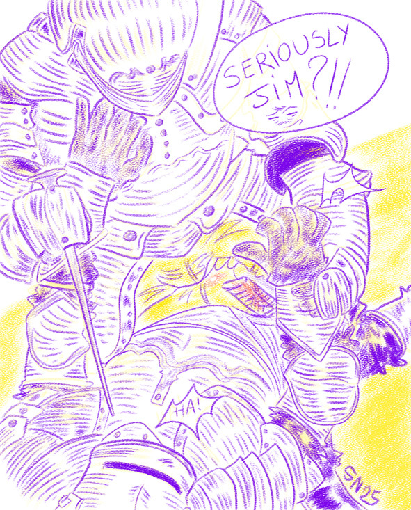 Digital draging on a white background of Bones and Jim rolling on the ground in armor. Jim moans, pants hard and wet, while Bones says 'Seriously Jim?'