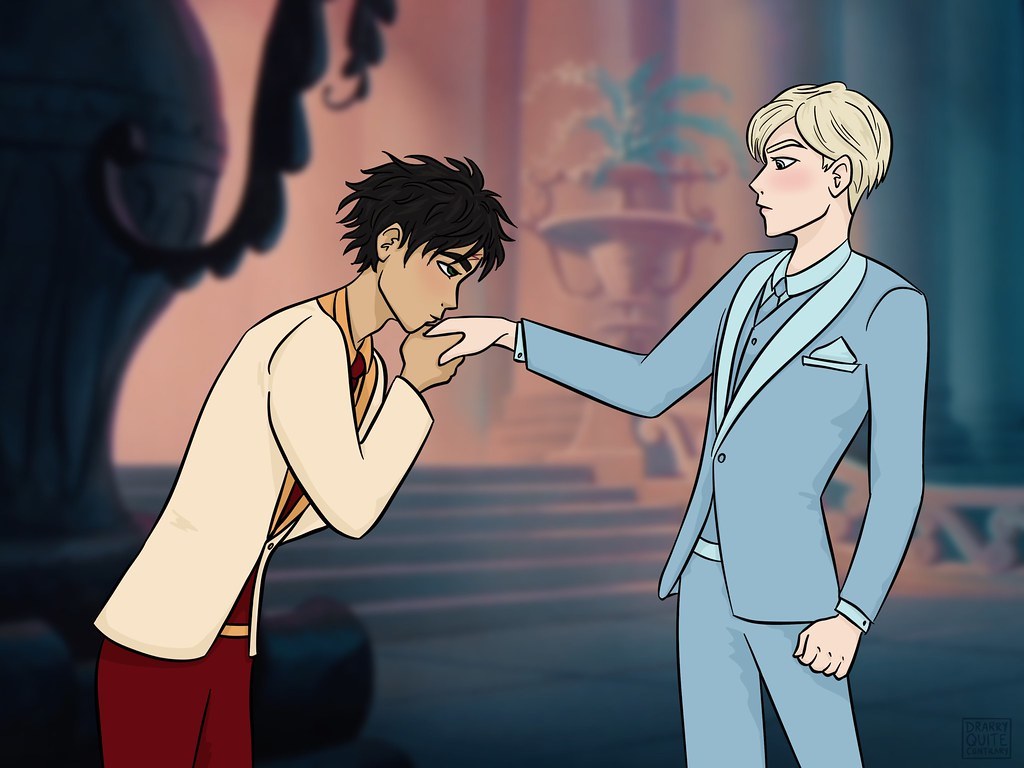 Harry Potter dressed as Prince Charming kissing the hand of Draco Malfoy dressed as Cinderella