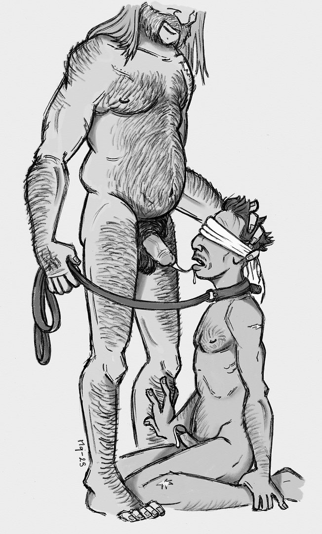 Kim Kitsuragi kneeling blindfolded and leashed in front of Harry Du Bois. Both of them are naked and aroused.