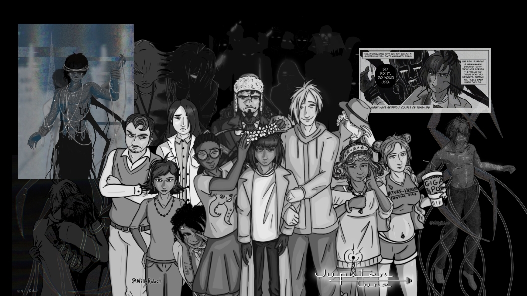 A collage of images. Top left: A staticy monster with spider legs and his eyes covered. His hands are held up by another man in the background. Bottom left: Two men embrace, wrapped in ghostly wires and spider legs. Central: A group of 10 people in a cartoony style. Center top: a shadowy group of people. You can only see their eyes. Top right: A comic panel with a shadow monster gripping a worried looking man. Bottom right: A monster man covered in static and wires with spidery legs