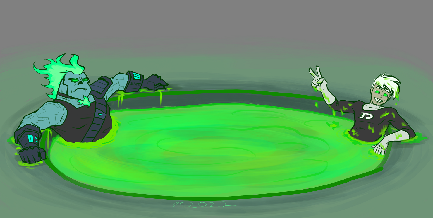 Skulker and Danny in the ectoplasm pool. Skulker is scowling, Danny is smiling and throwing a peace sign