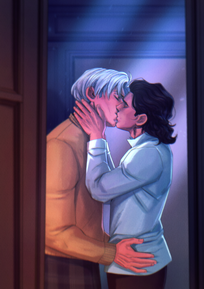 Leo and Grimm. Leo's hair is dark, shoulder-length, and tied half-up. Grimm is wearing a soft orange sweater. Moonlight filters into the room.