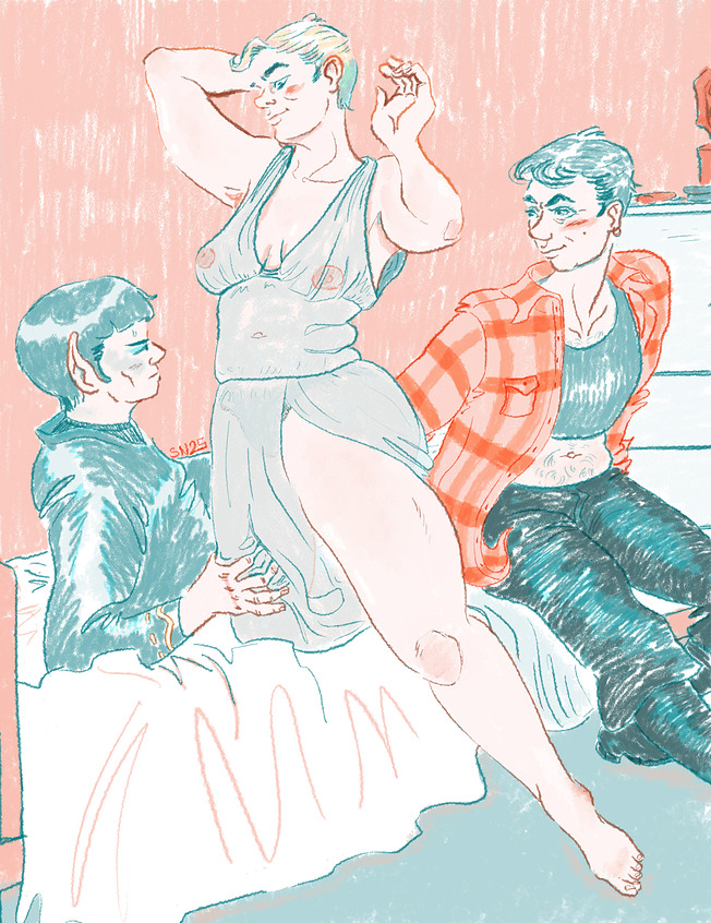 Digital drawing in red and teal blue. In a bedroom Spock is leaning on a bed, grabbing Jim's thigh. Jim is half on the bed half standing, she wears a long sheer dress showing her breasts. She looks at Spock, fond an blushing. Spock seems very flustered. On the right side Bones sits on the bed, wearing a open red flannel on top of a binder, an earring, and she's blushing looking at Spock.