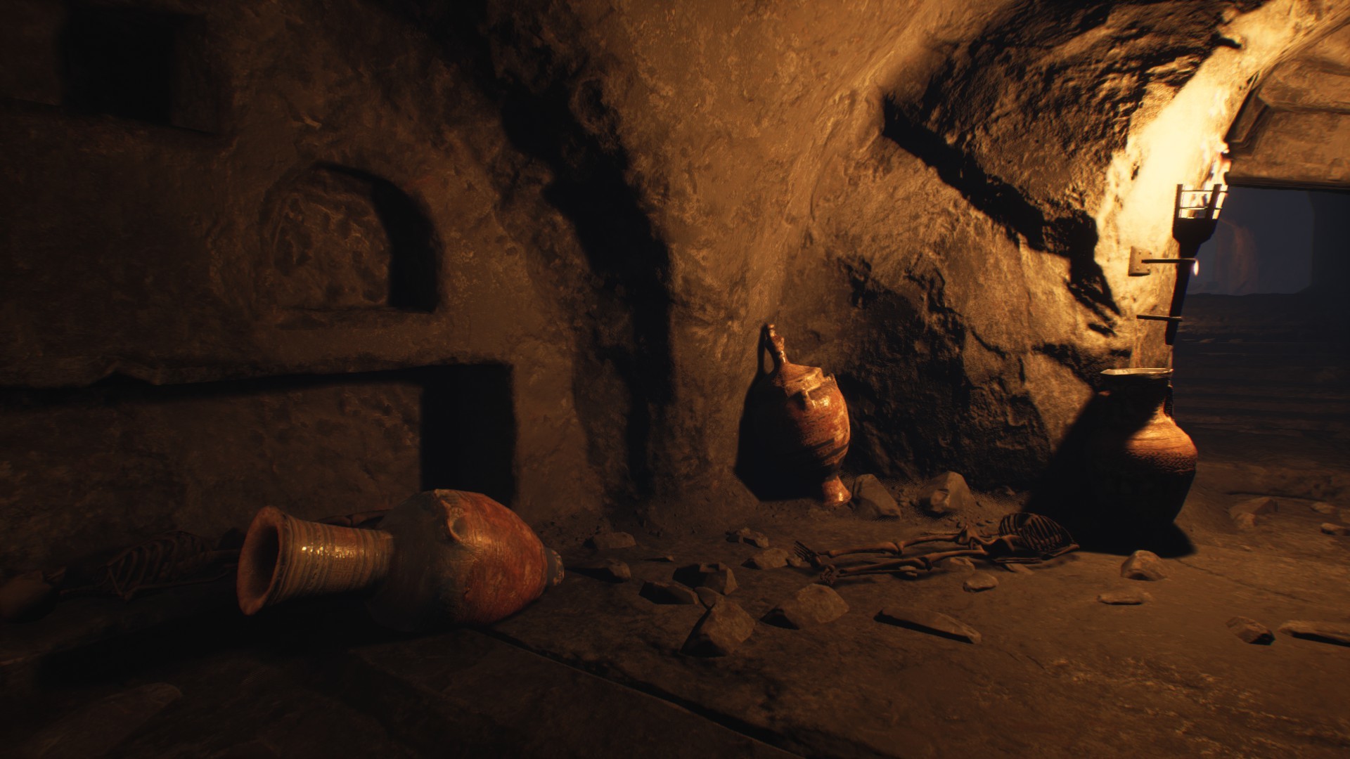 { Screenshot of an underground scene with old vases and a skeleton }