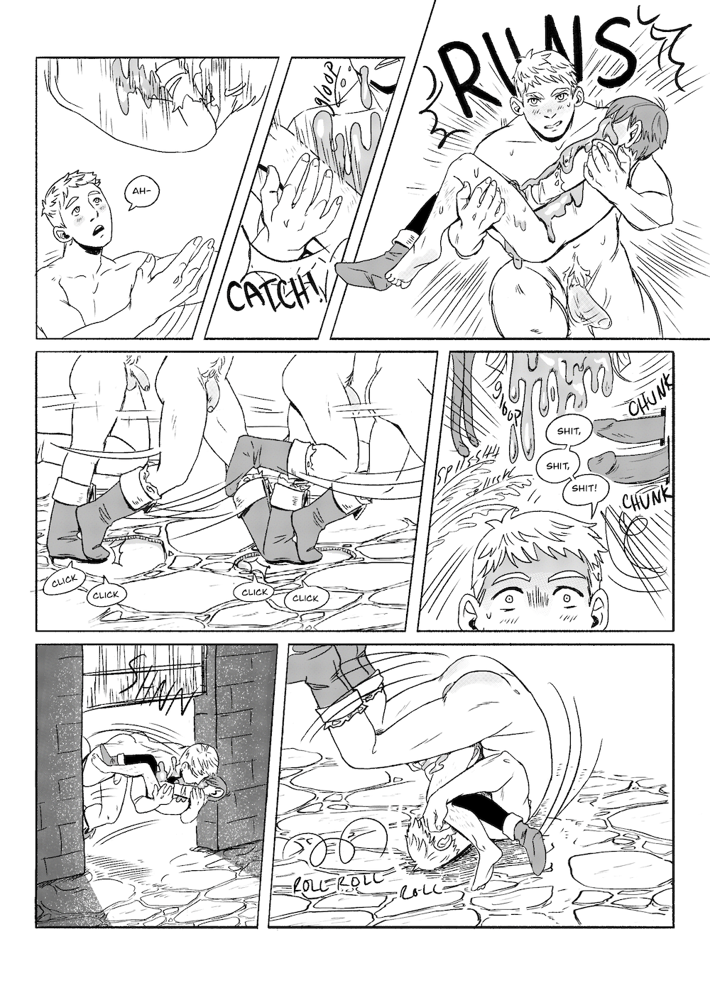 Chilchuck comes crashing down and Laios leaps to catch him, then carries him close and sprints for the exit. every step sets off another trap behind him, giant dongs springing from the wall, more slime, tentacles dropping down, and gysers of hot wax (unidentifiable in the comic, but that's what they are). the gate at the far end starts crashing down, but Laios throws himself under it and tucks and rolls to protect Chilchuck as he does. 
