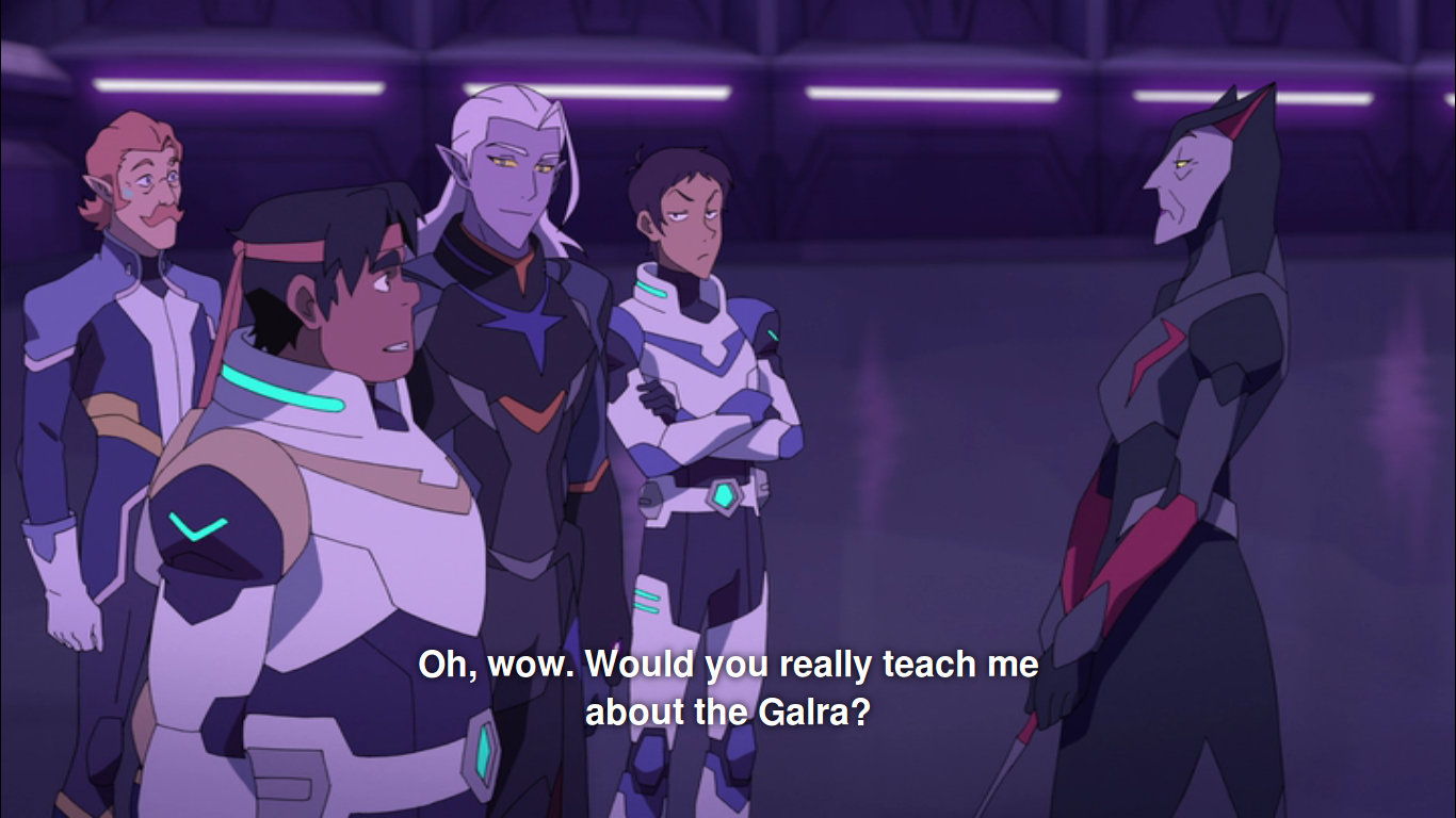 Hunk, to Dayak, in Omega Shield: "Oh, wow. Would you really teach me about the Galra?". He looks sincere and even a bit emotional. Lotor looks at him with a smile. Lance, who just got hit by Dayak, is pouting in the background.
