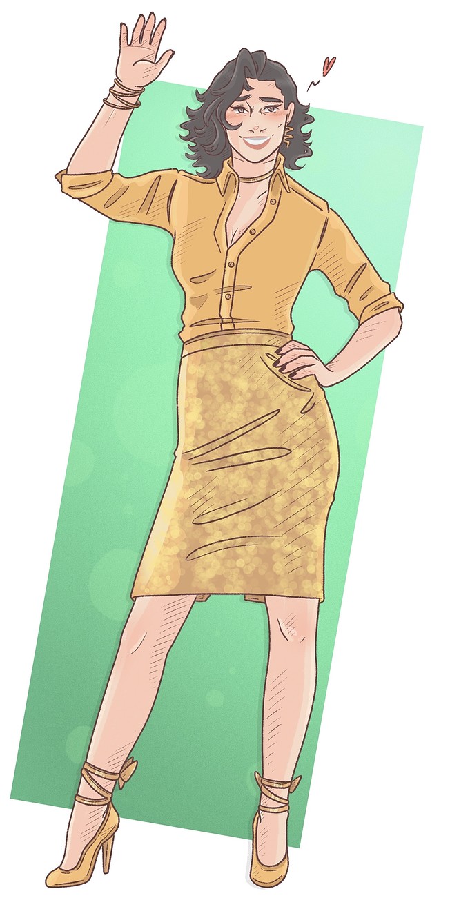 Artwork of Kaia in her chapter 3 outfit drawn by Natendo_Art. Her hair is black and wavy; her eyes are hazel. She's wearing her golden blouse and skirt. She's wearing heels, a fitted necklace, a snake-shaped earring, and a few thin bangles on her right wrist, all golden as well.