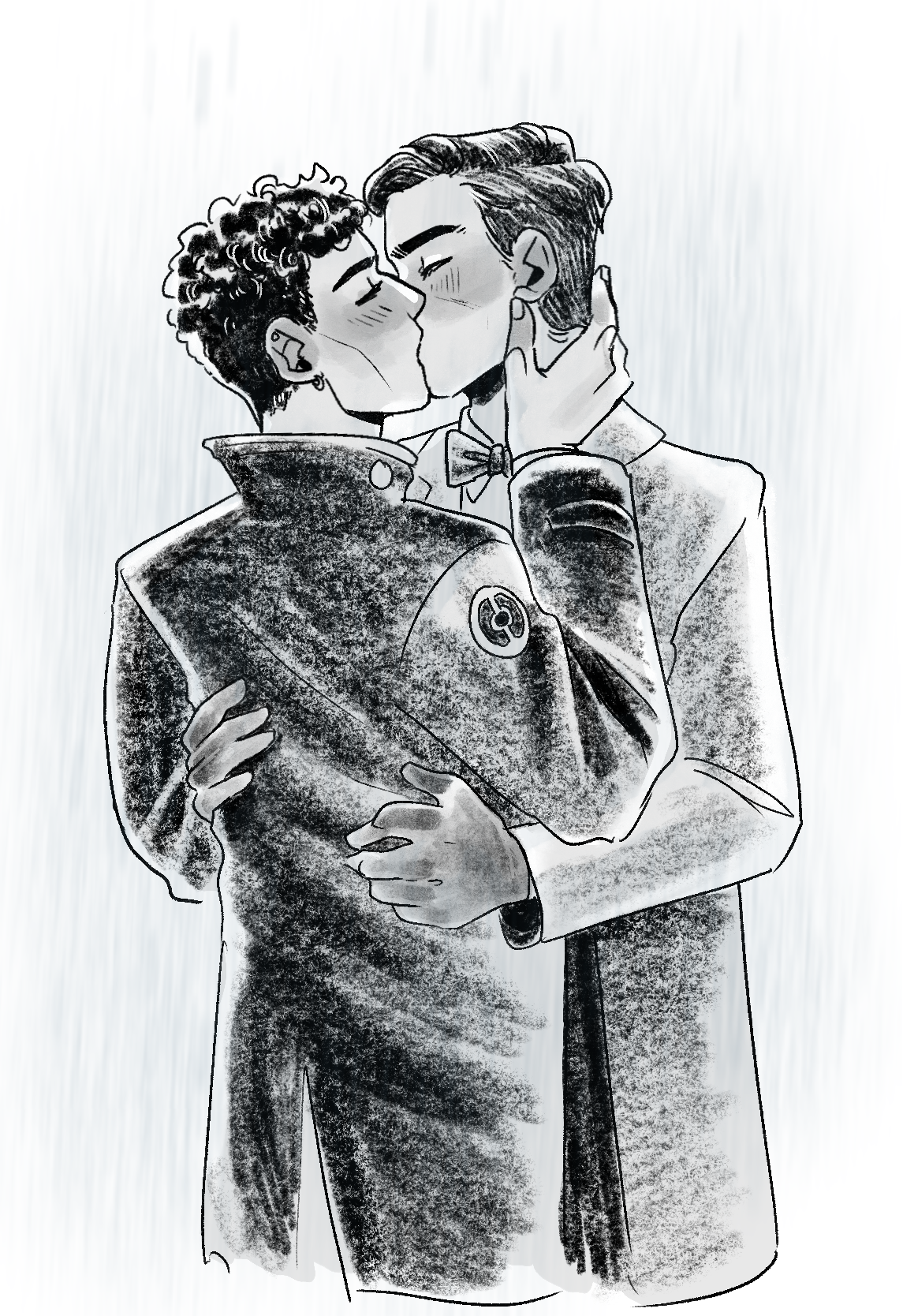 digital illustration in black and white of Charles and Edwin from Dead Boy Detectives kissing in the rain. they're both wearing their peacoats, Charles with his hands on Edwin's face leaning up to kiss him, while Edwin holds Charles around the waist.