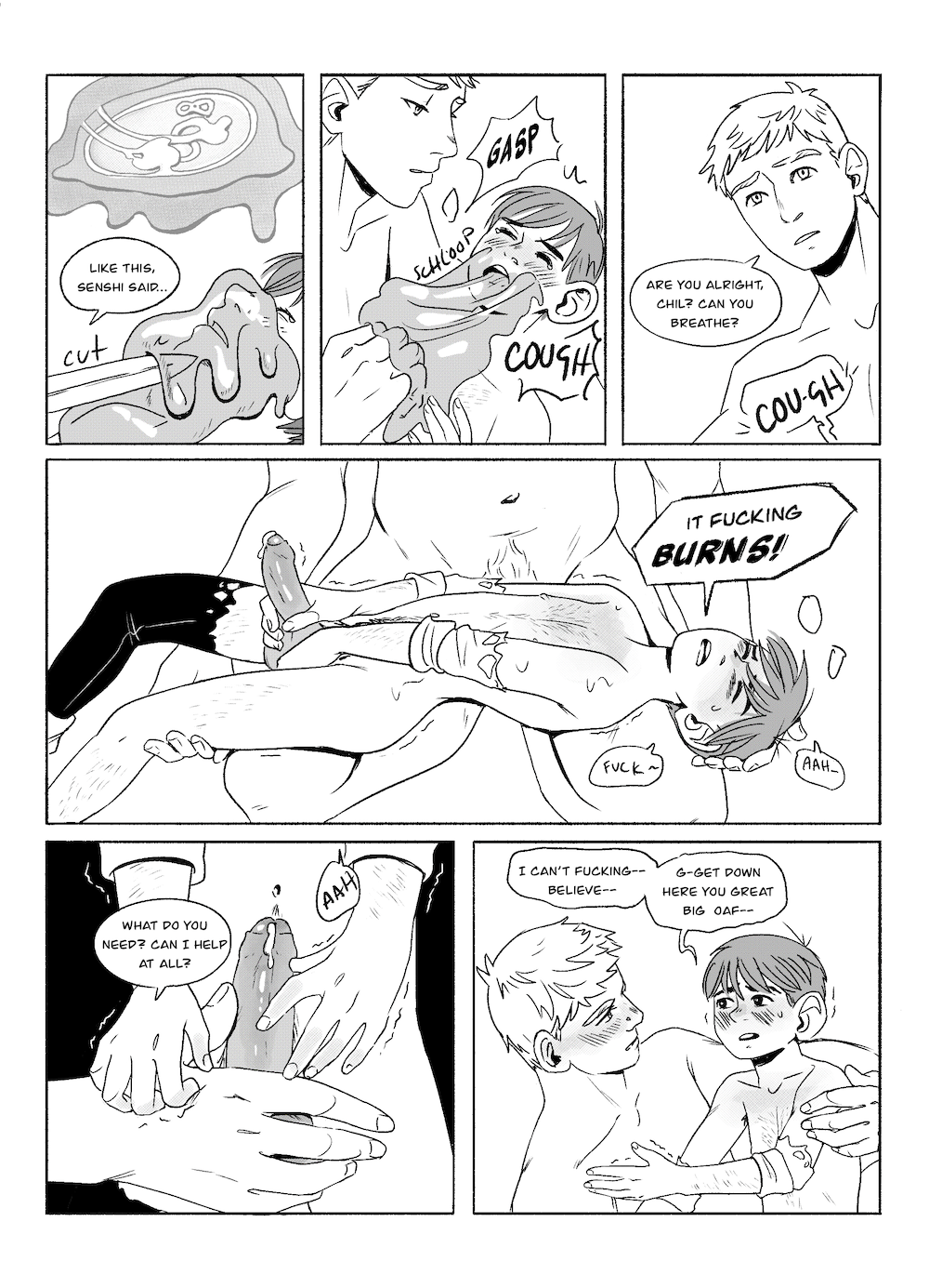 Laios slips a knife into the slime covering Chilchuck's face, picturing the slime anatomy of the manga, muttering, "Like this, Senshi said..." he pulls the slime off with a schloop, dragging it out of Chilchuck's mouth as he gasps and coughs. "Are you alright, Chil? Can you breathe?" Laios asks. Chilchuck arches in his lap, writhing, and shouts, "It fucking BURNS!" holding his dick with both hands desperately. Laios puts his own hand on Chilchuck's dick, asking "What do you need? Can I help at all?" Chilchuck grabs for him. "I can't fucking-- believe-- G-get down here you great big oaf--"