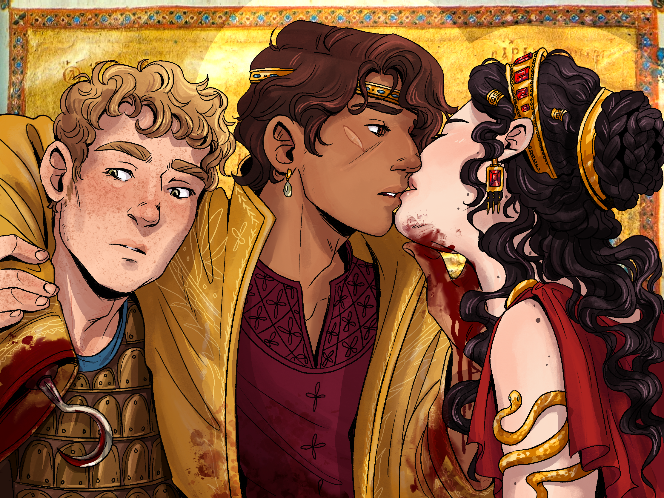 The Kiss Scene from chapter 7 of The King of Attolia, drawn as the Anne Hathaway/Twelfth Night kiss meme. Costis holds Eugnides' arm over his shoulders, hook dangling in front of his chest, as Eugenides kisses Attolia, his hand bloody on her face. Costis is pale with freckles, has curly, sandy blond hair and bronze and blue armor on. he's looking away and blushing. Eugenides has warm brown skin and dark brown hair, his hand and hook are covered in blood, staining his coat. he has a thin gold circlet around his forehead, a light gold coat and a dark purple-red tunic underneath. Irene has very pale skin and long black curly hair partially braided up, wearing a dark red peplos and her golden headband crown, with small gold accent beads, her ruby earrings, and a golden snake band around her arm.