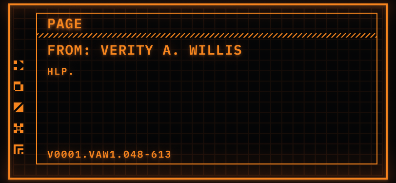 Pictured: a TemPad display showing messages, AKA Pages.  Page from Verity A. Willis: “hlp.”  Timestamp: V0616.VAW1.048-564