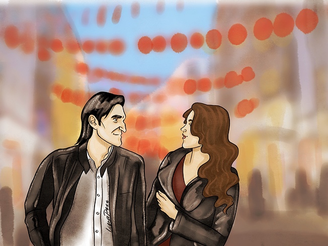 Hermione and Severus walking side-by-side on a date with red lanterns overhead.