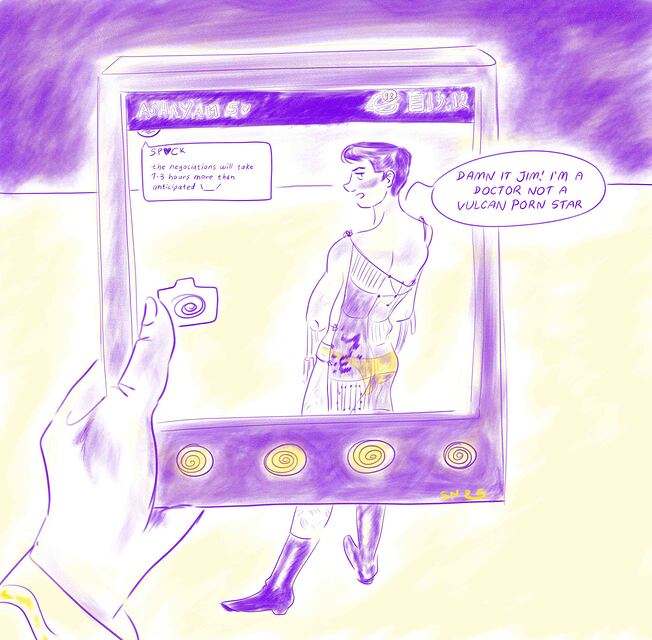 Digital sketch in yellow and purple of TOS Jim's hand taking a picture of TOS Bones in a revealing outfit to send it to Spock.