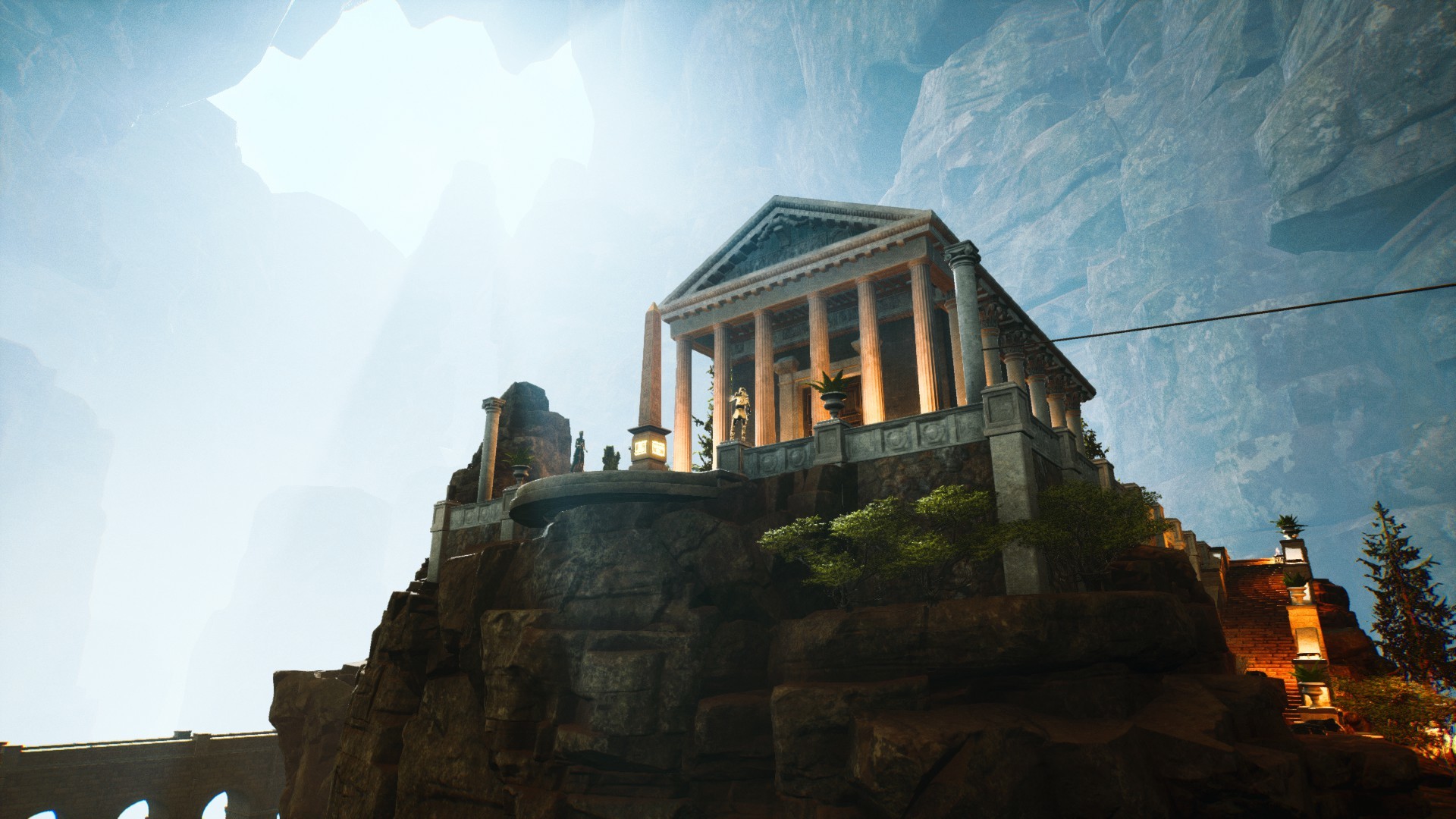 { In-game screenshot of a Roman temple with sunlight shining down from above }