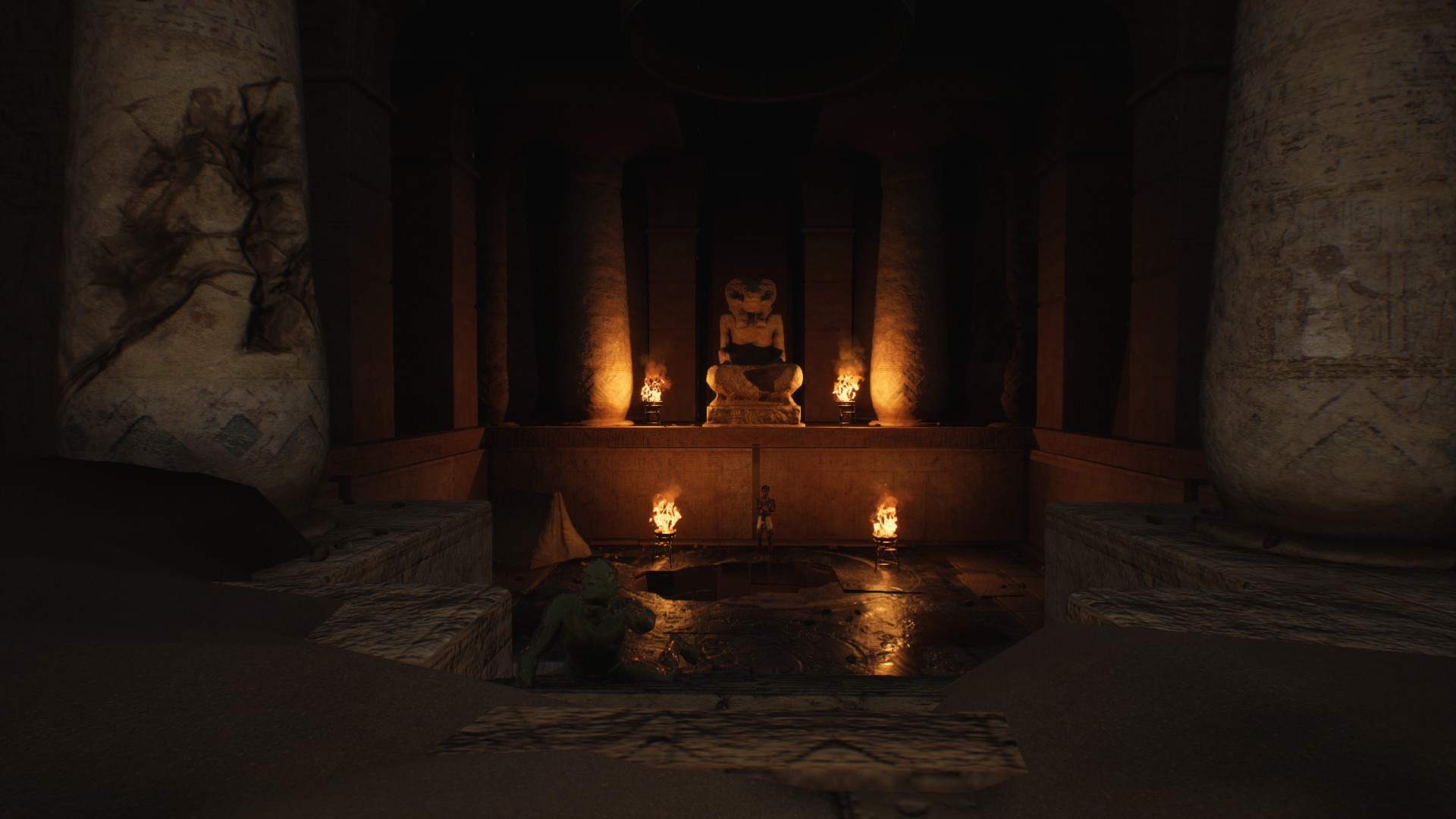 { Screenshot of an Egyptian statue flanked by flames amid the dark }