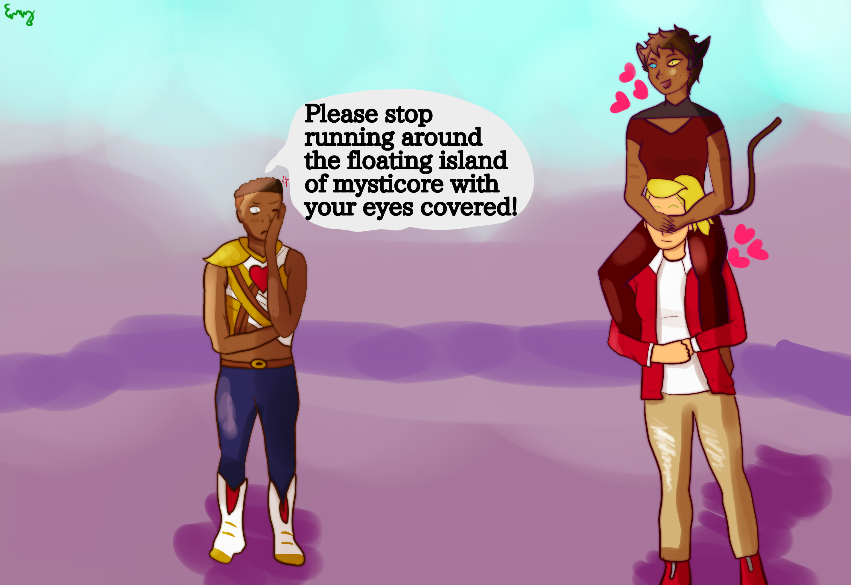 Catra on Adora's shoulders and covering her eyes while Bow scolds them