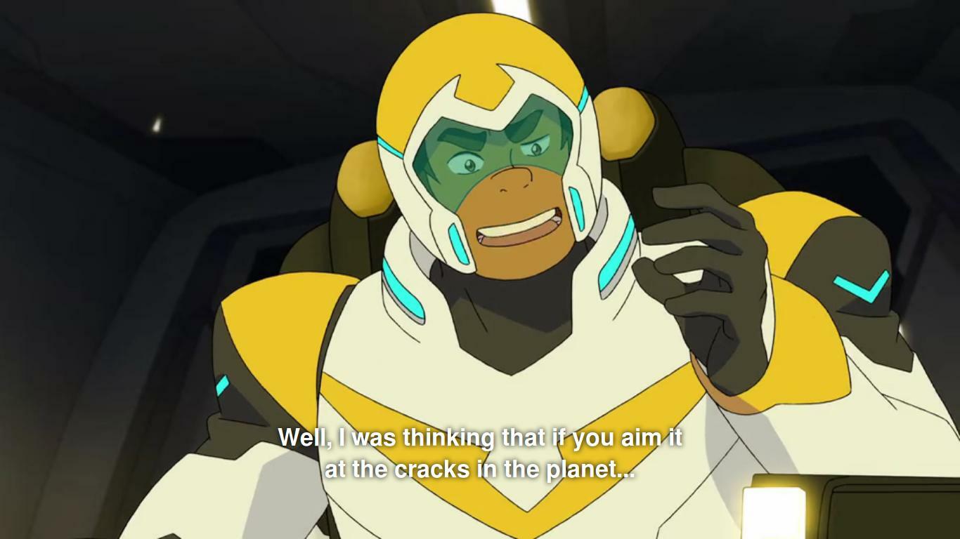 Hunk, in the yellow Lion: Well I was thinking that if you aim it at th cacks in the planet..."